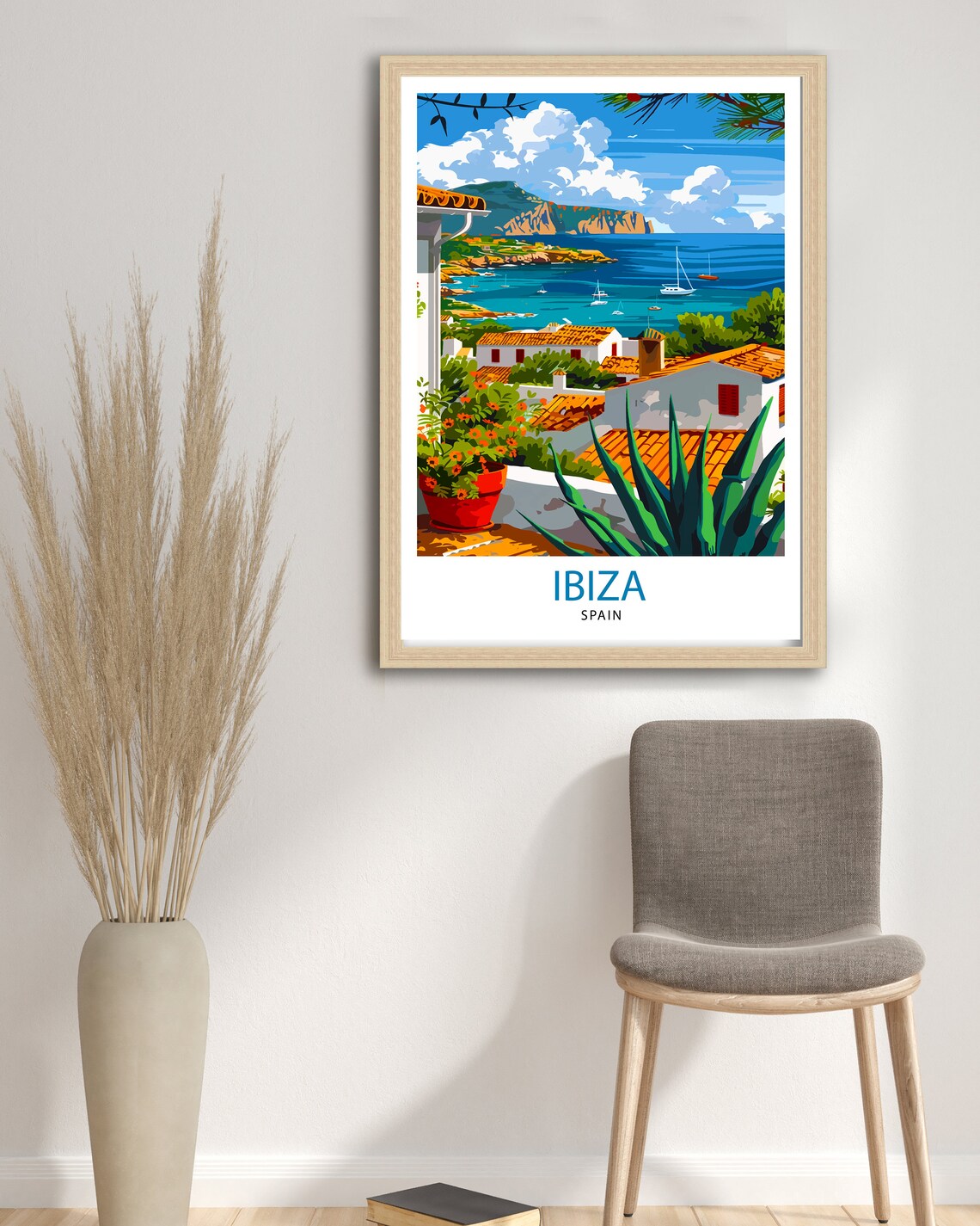 Ibiza Spain White Houses Sailboats Coastal Cove Travel Poster - Image 2