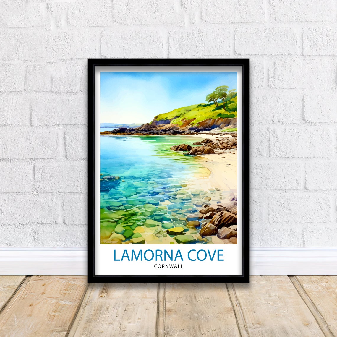 Lamorna Cove Cornwall Watercolor Clear Water Rocky Beach Art Print - Image 2
