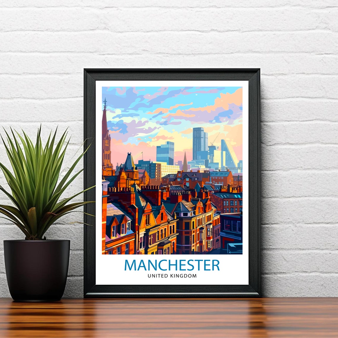 Manchester United Kingdom Brick Rooftops Skyline Travel Poster - Image 2