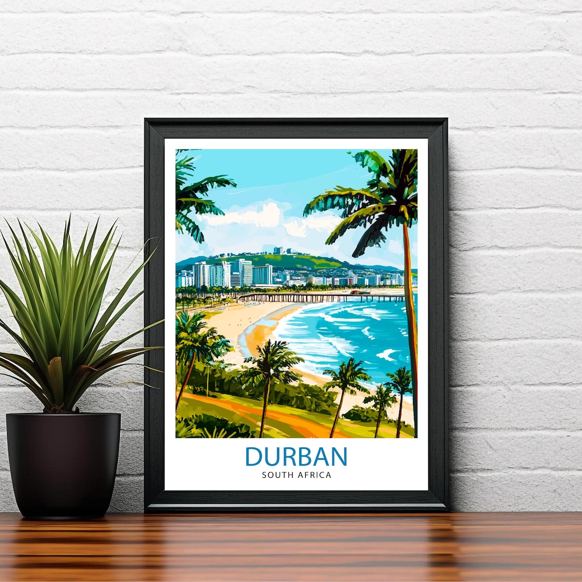 Durban South Africa Palm Beach Golden Mile Pier Skyline Art Poster - Image 2