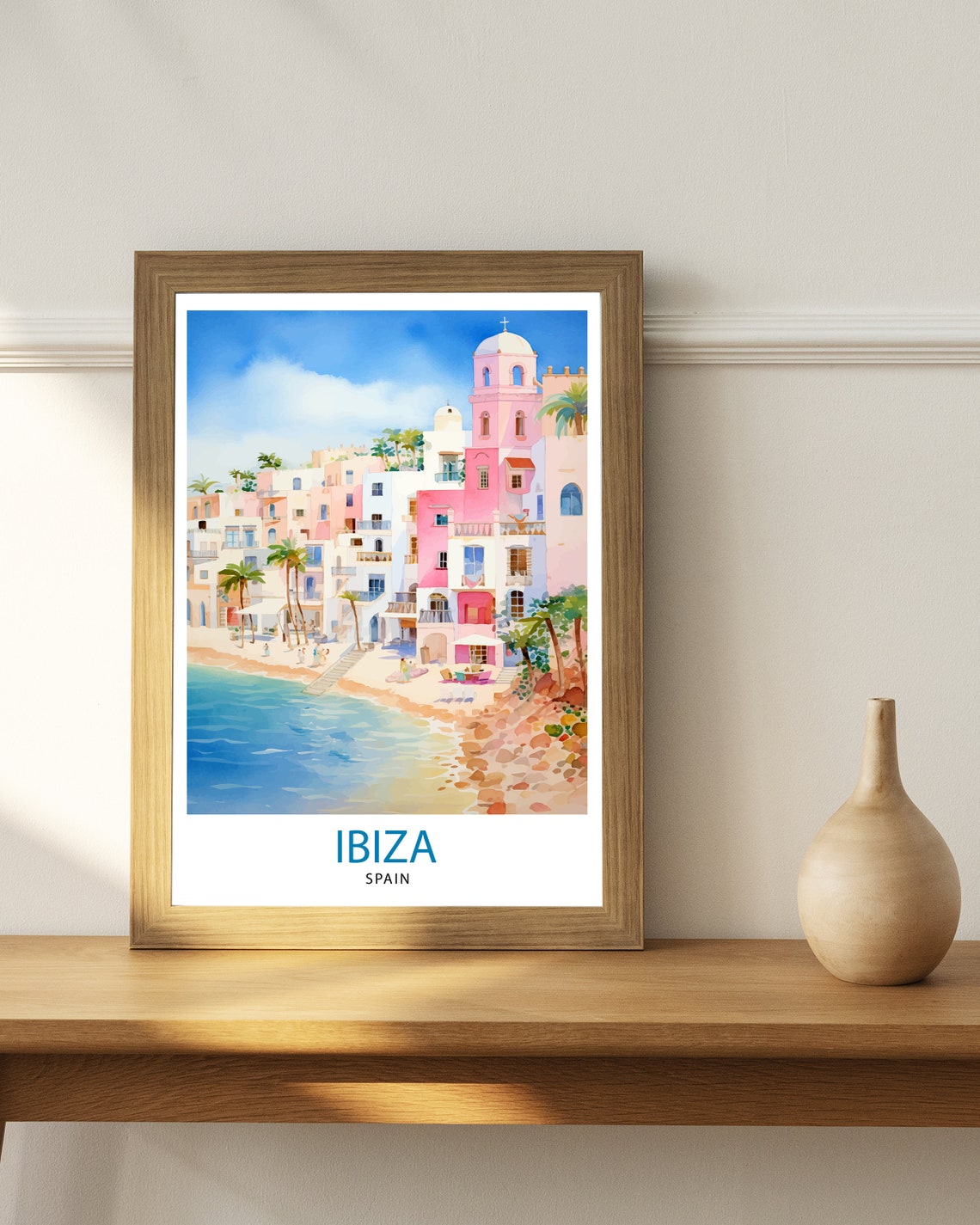Ibiza Spain Whitewashed Old Town Beach Waterfront Scene Poster - Image 2