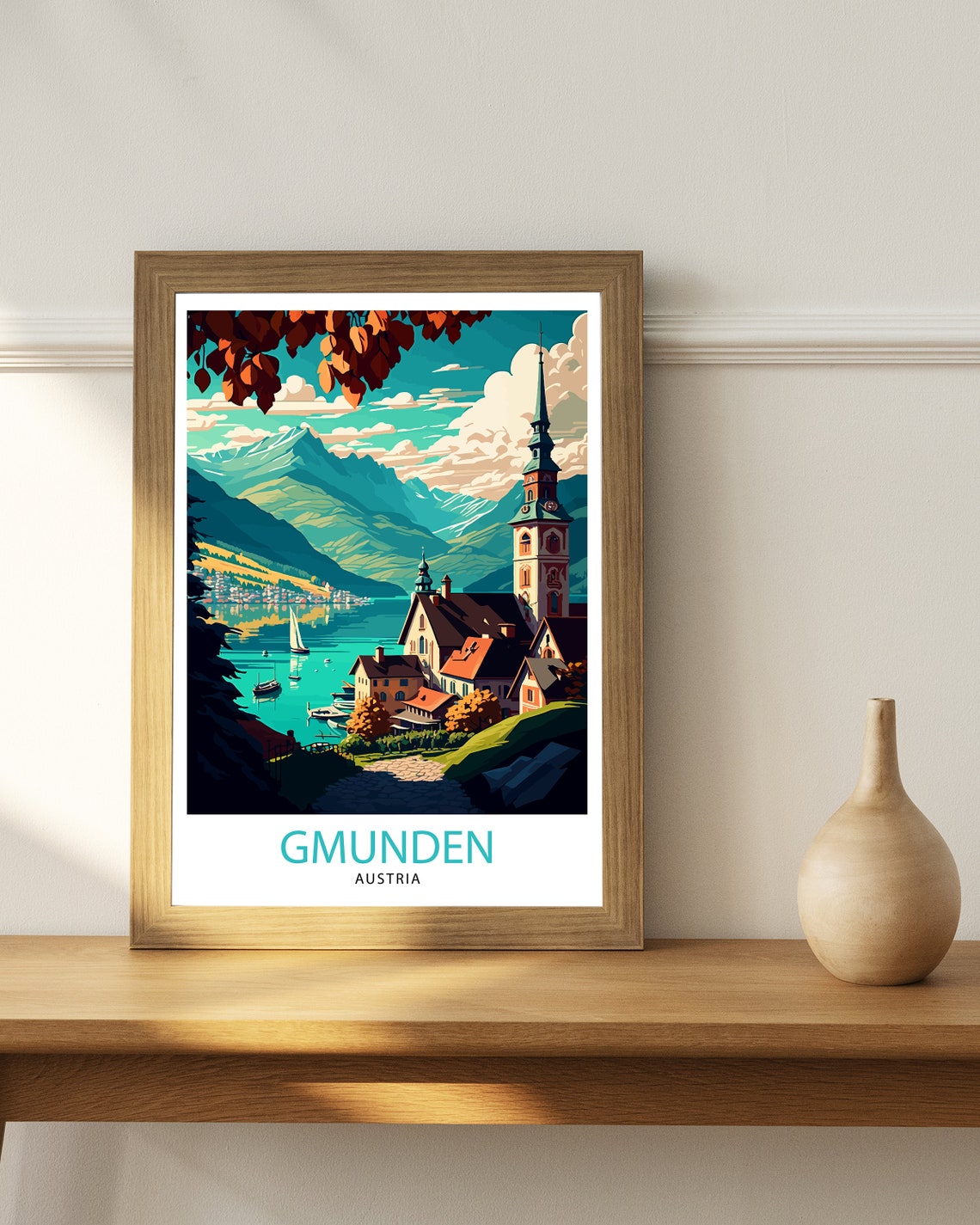 Gmunden Austria Alpine Lake Village Church Tower Sailboat Art Poster - Image 3