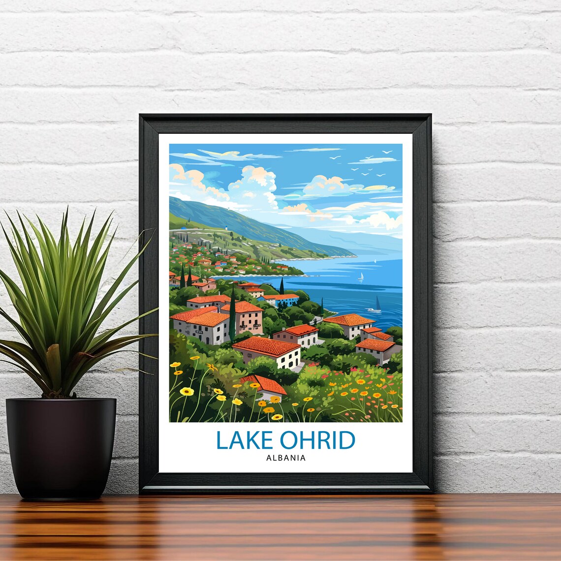 Lake Ohrid Albania Lakeside Town Flowers Scenic Travel Poster - Image 2