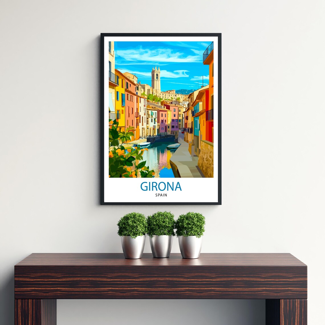Girona Spain Colorful Canal Houses Bell Tower Reflection Travel Poster - Image 3