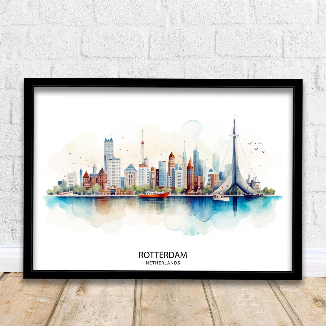 Rotterdam Netherlands Modern Skyline Watercolor Harbor City Travel Poster
