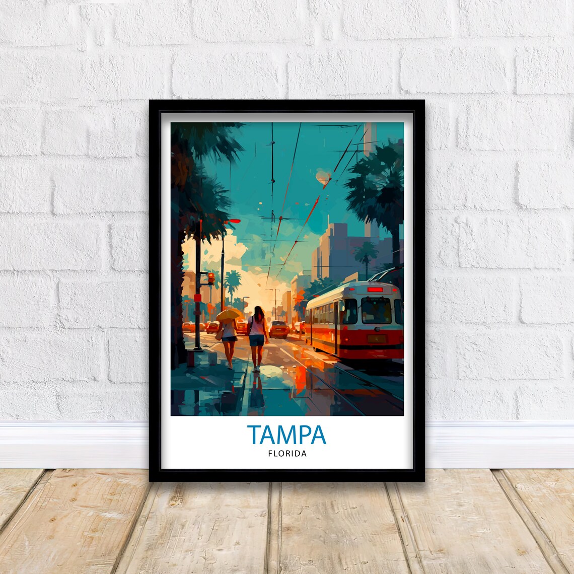 Tampa Florida Historic Streetcar Rainy Palm Street Travel Poster - Image 2