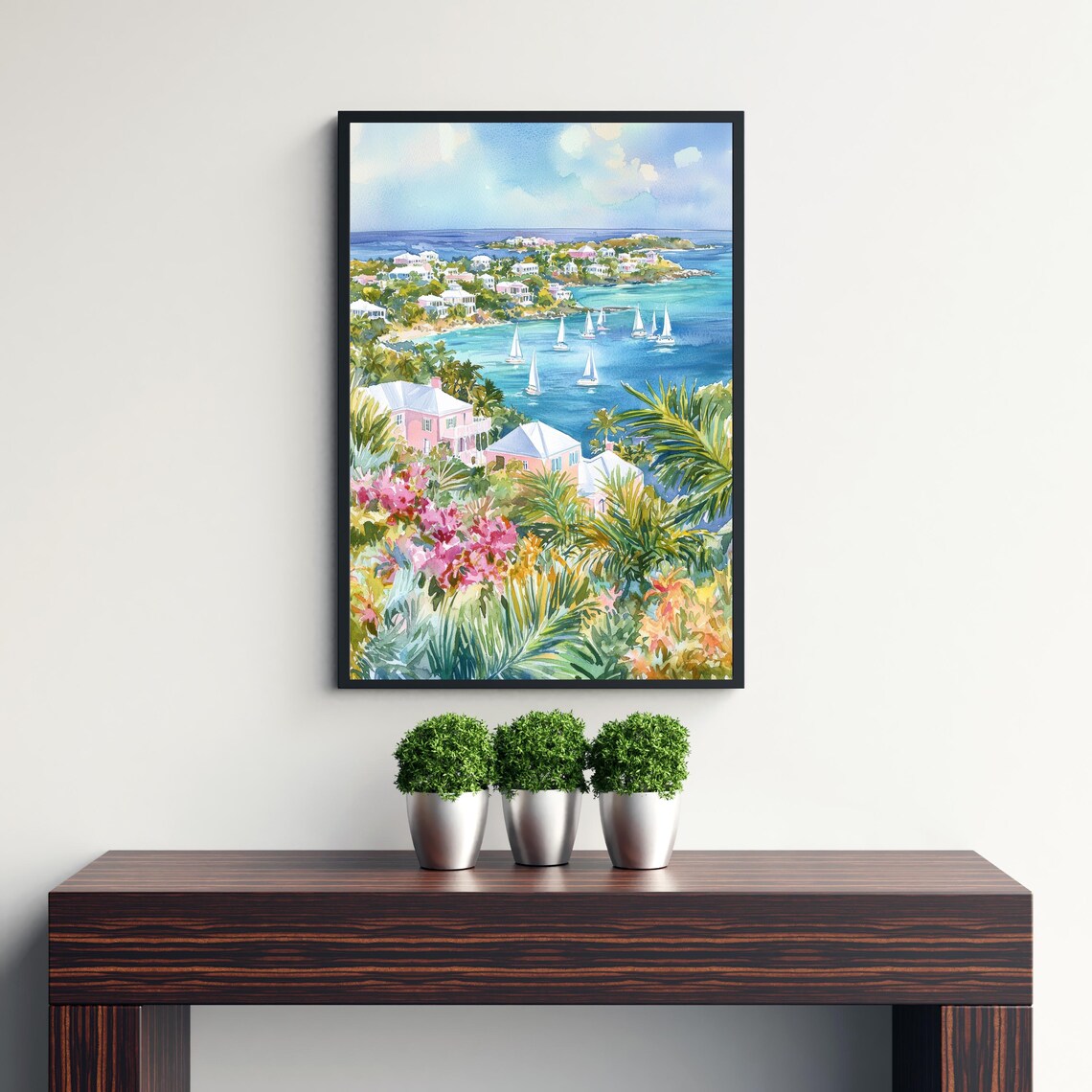 Bermuda Watercolor Island Bay Sailboats Tropical Aerial Poster