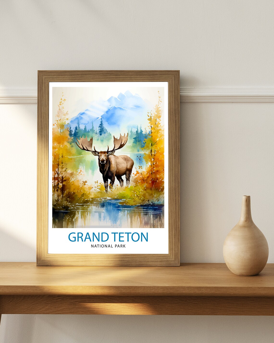 Grand Teton National Park Moose Watercolor Wildlife Travel Poster - Image 3
