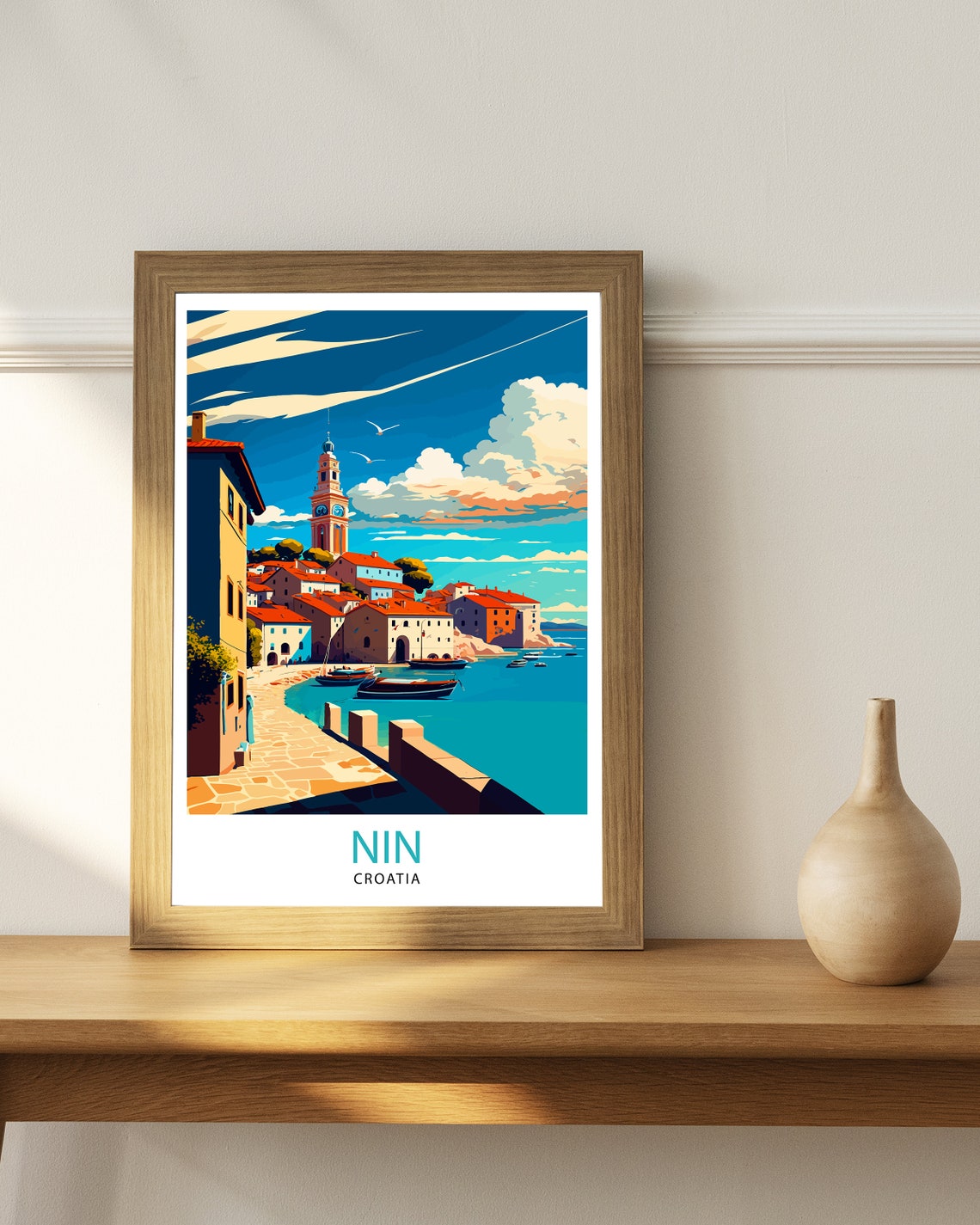 Nin Croatia Coastal Old Town Church Tower Boats Vintage Travel Poster - Image 3