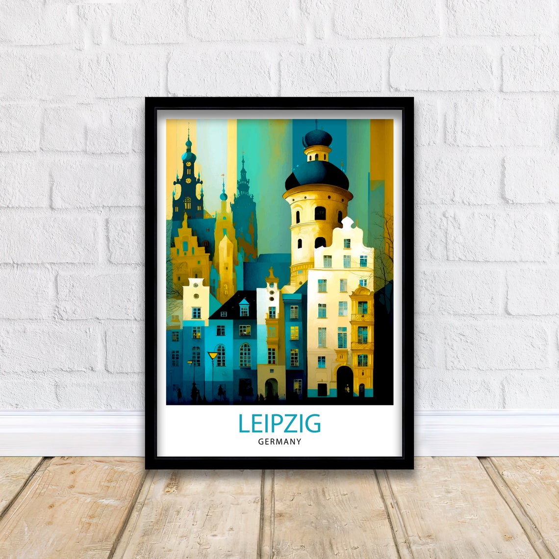 Leipzig Germany Historic Old Town Teal Cityscape Skyline Art Poster - Image 2