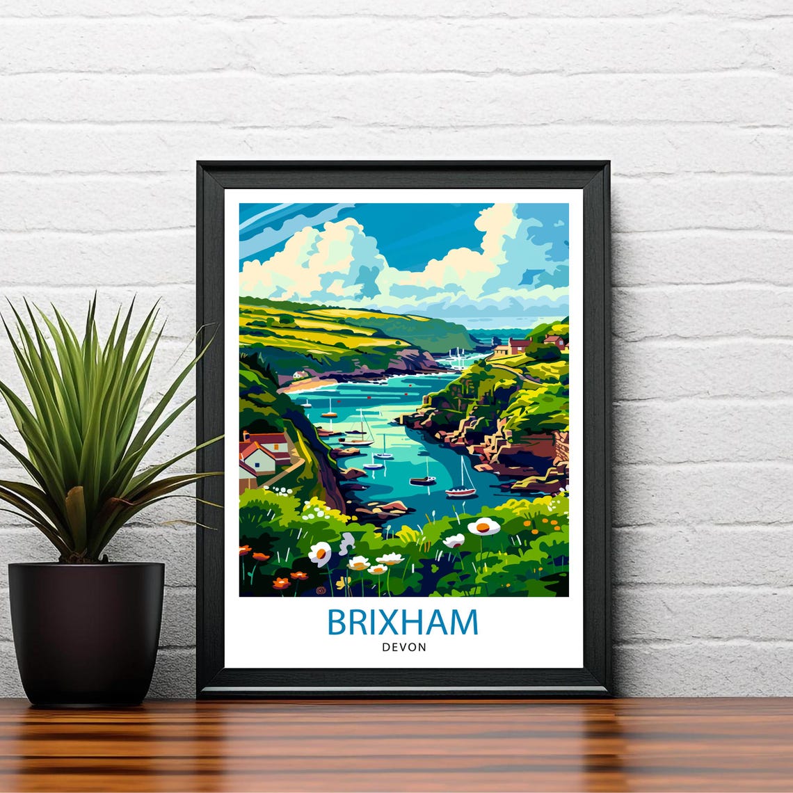 Brixham Devon Harbor Sailboats Wildflowers Coastal View Poster - Image 2