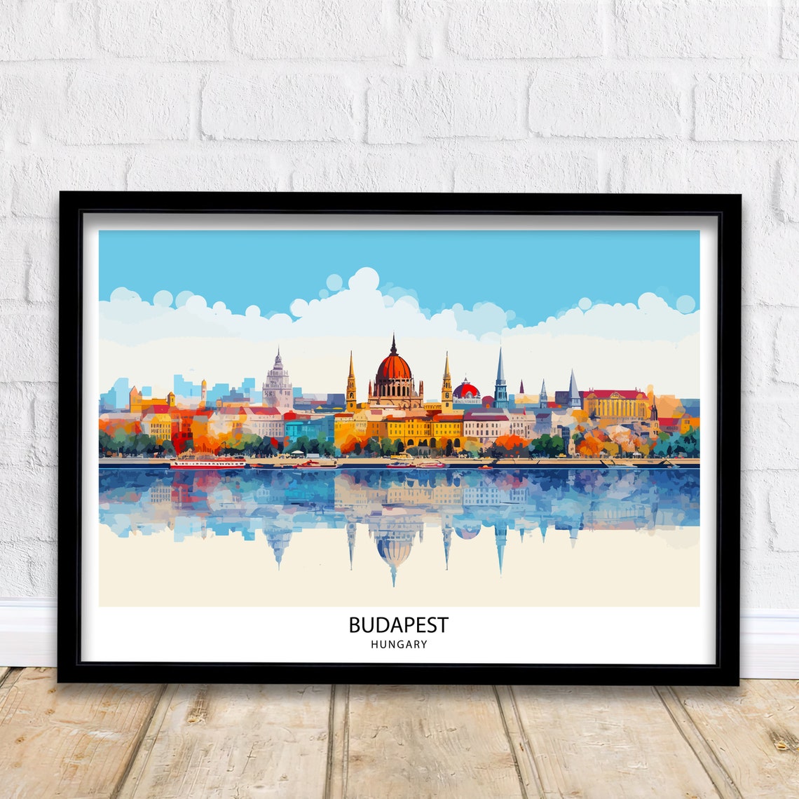 Budapest Hungary Danube Skyline Watercolor Reflection Travel Poster