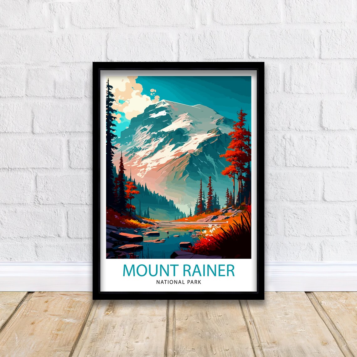 Mount Rainier National Park Snowy Peak Lake Autumn Vintage Travel Poster - Image 2