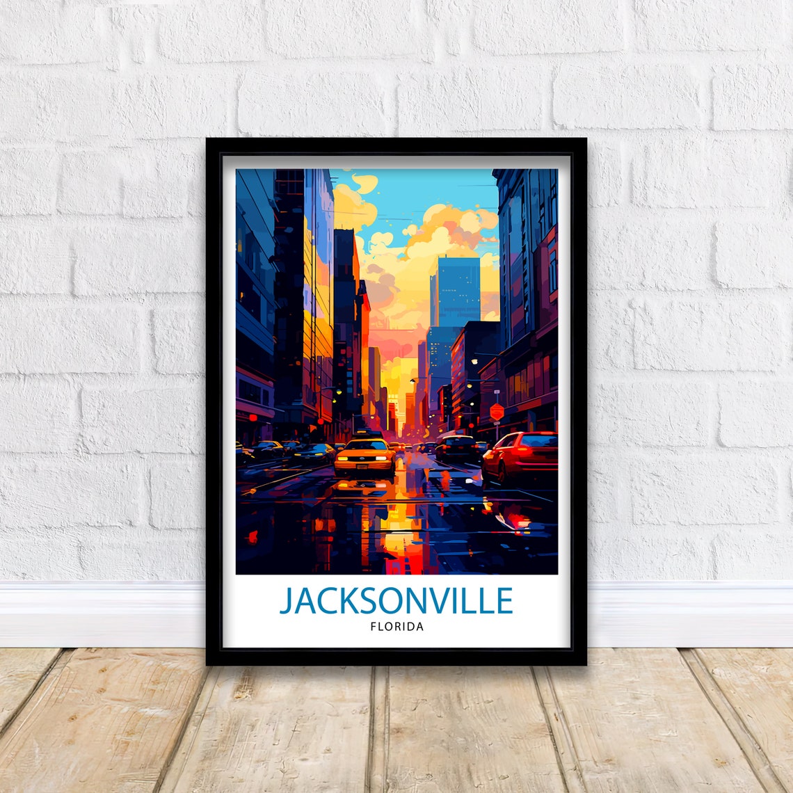 Jacksonville Florida Downtown Wet Street Night Travel Poster - Image 2