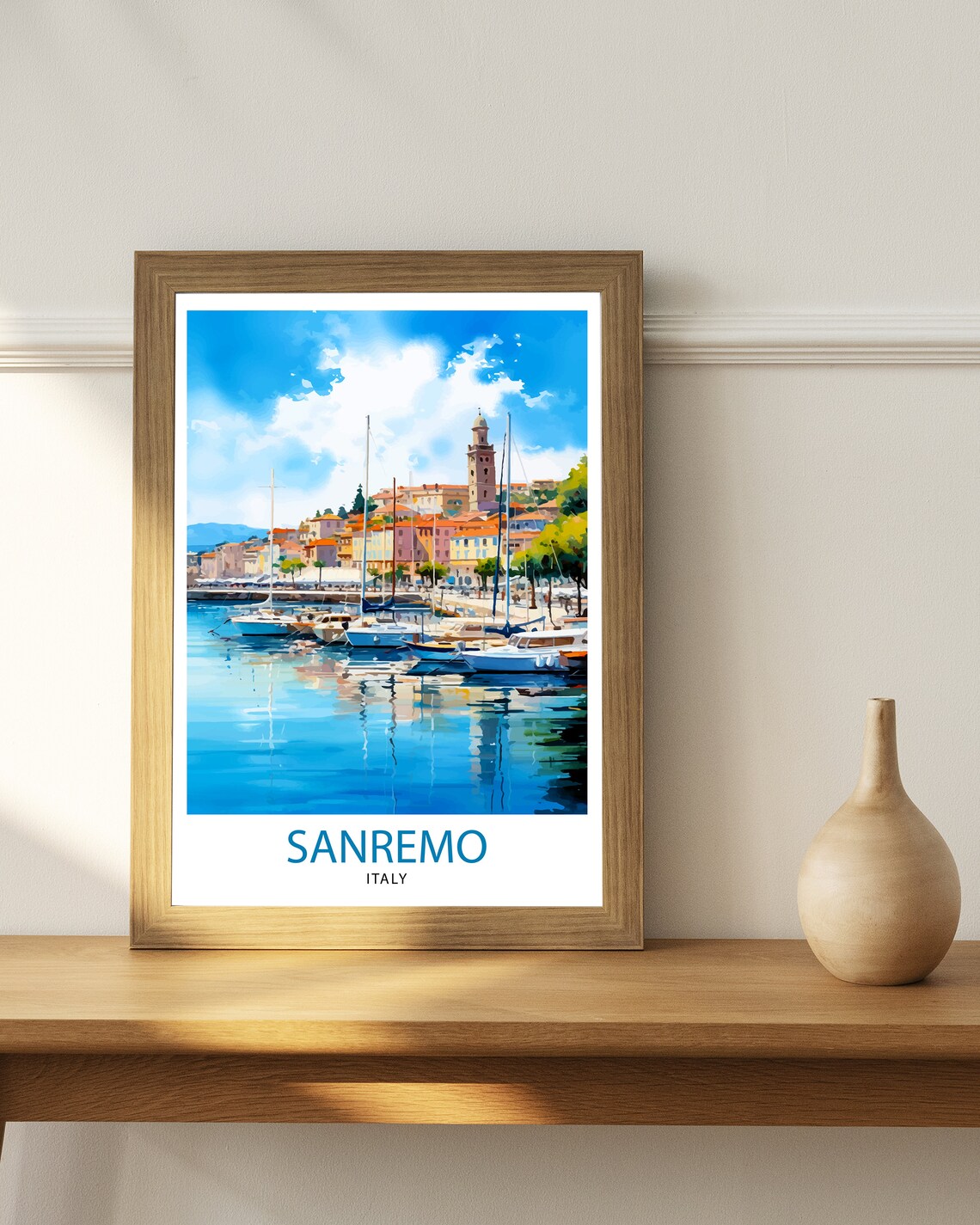 Sanremo Italy Watercolor Harbor Bell Tower Sailing Boats Art Poster - Image 3