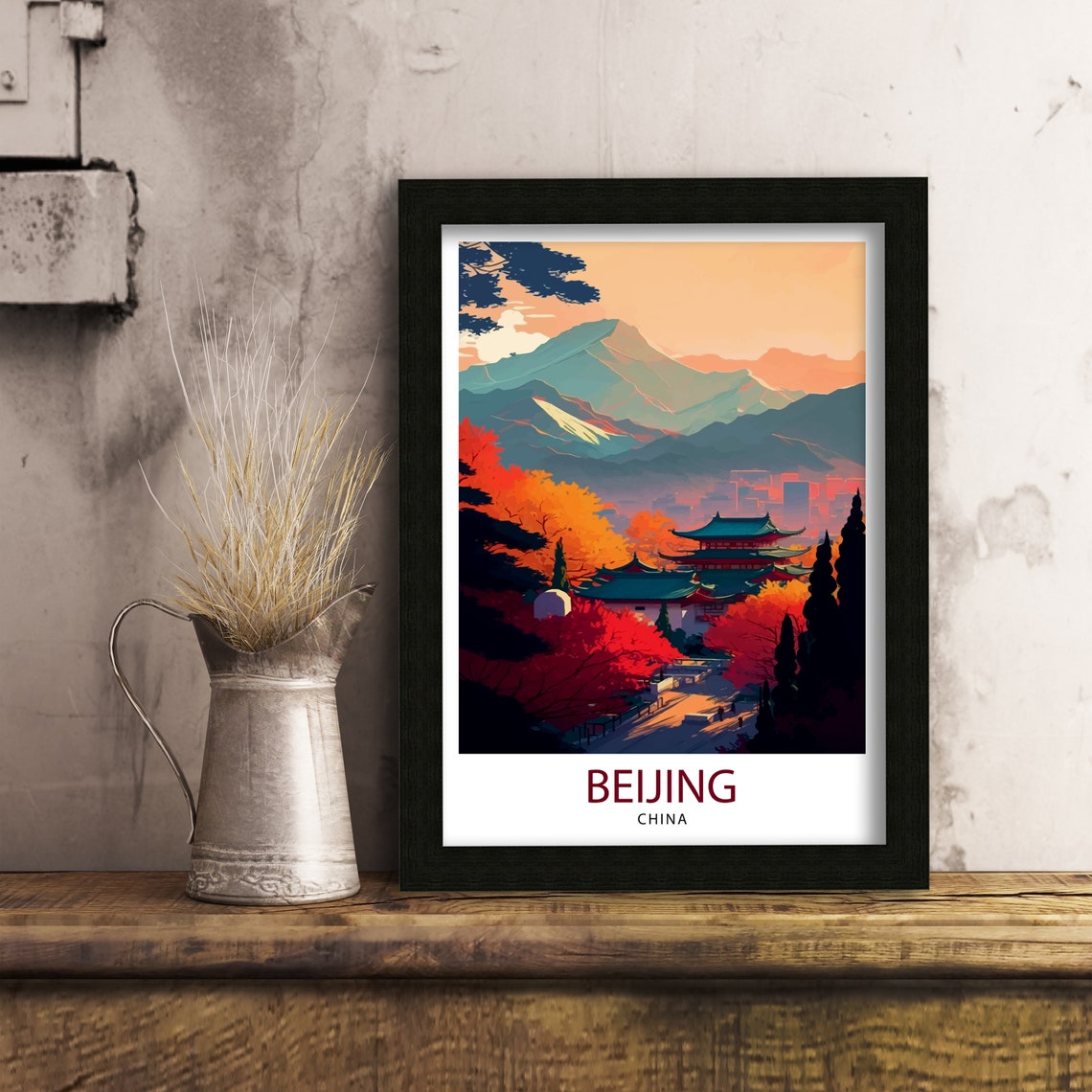 Beijing China Temple Pavilion Autumn Mountains Travel Poster - Image 3