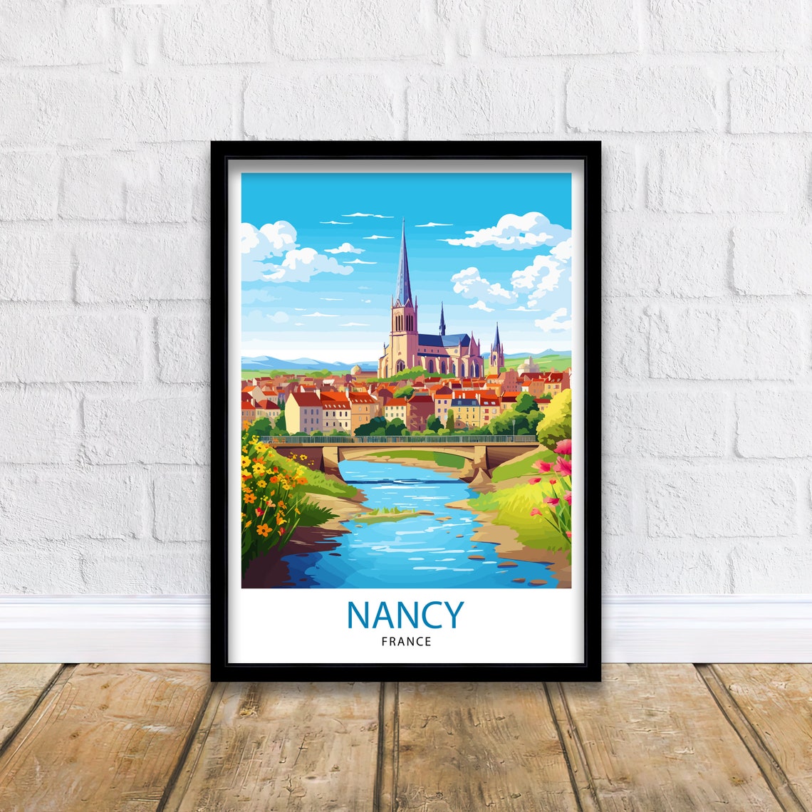 Nancy France River Bridge and Cathedral Spire Cityscape Poster