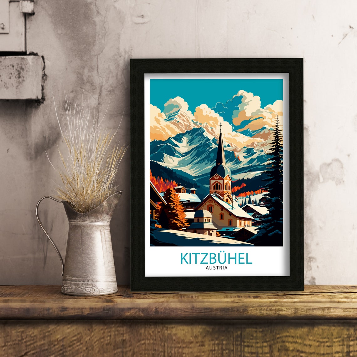 Kitzbuhel Austria Alpine Church Snow Peaks Golden Sky Travel Poster - Image 3