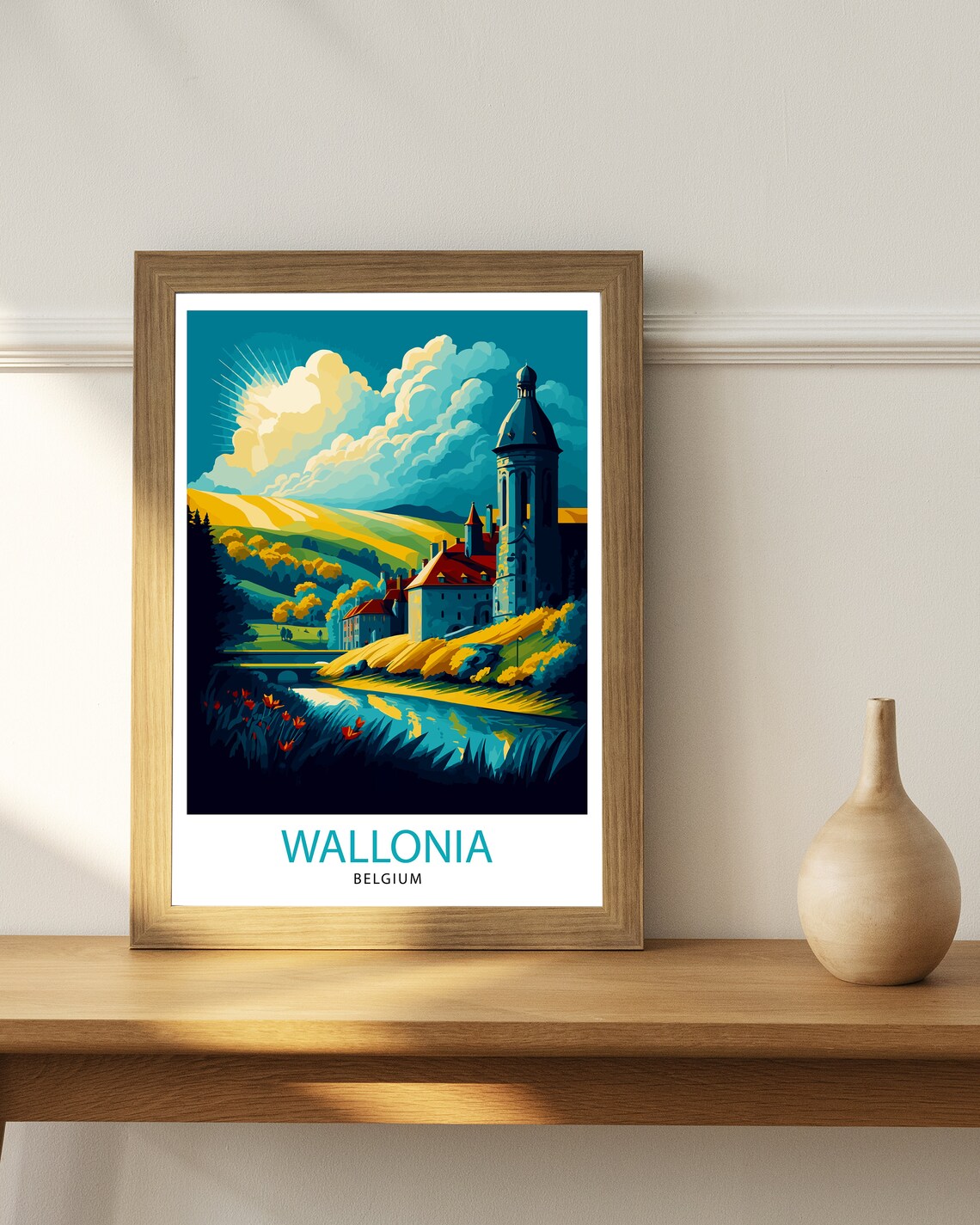 Wallonia Belgium Riverside Village Church Tower Golden Art Poster - Image 3