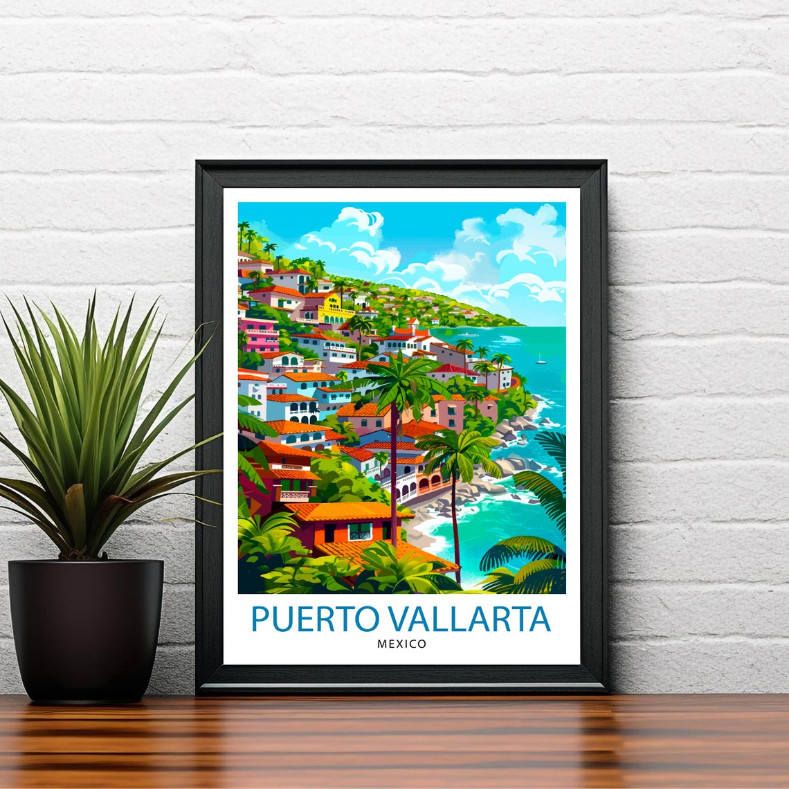 Puerto Vallarta Mexico Colorful Hillside Bay Palms Travel Poster - Image 2