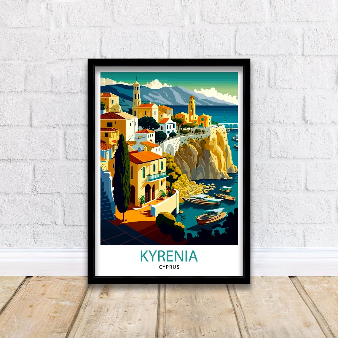 Kyrenia Cyprus Coastal Old Town Harbor Cliffs Fishing Boat Art Poster - Image 2
