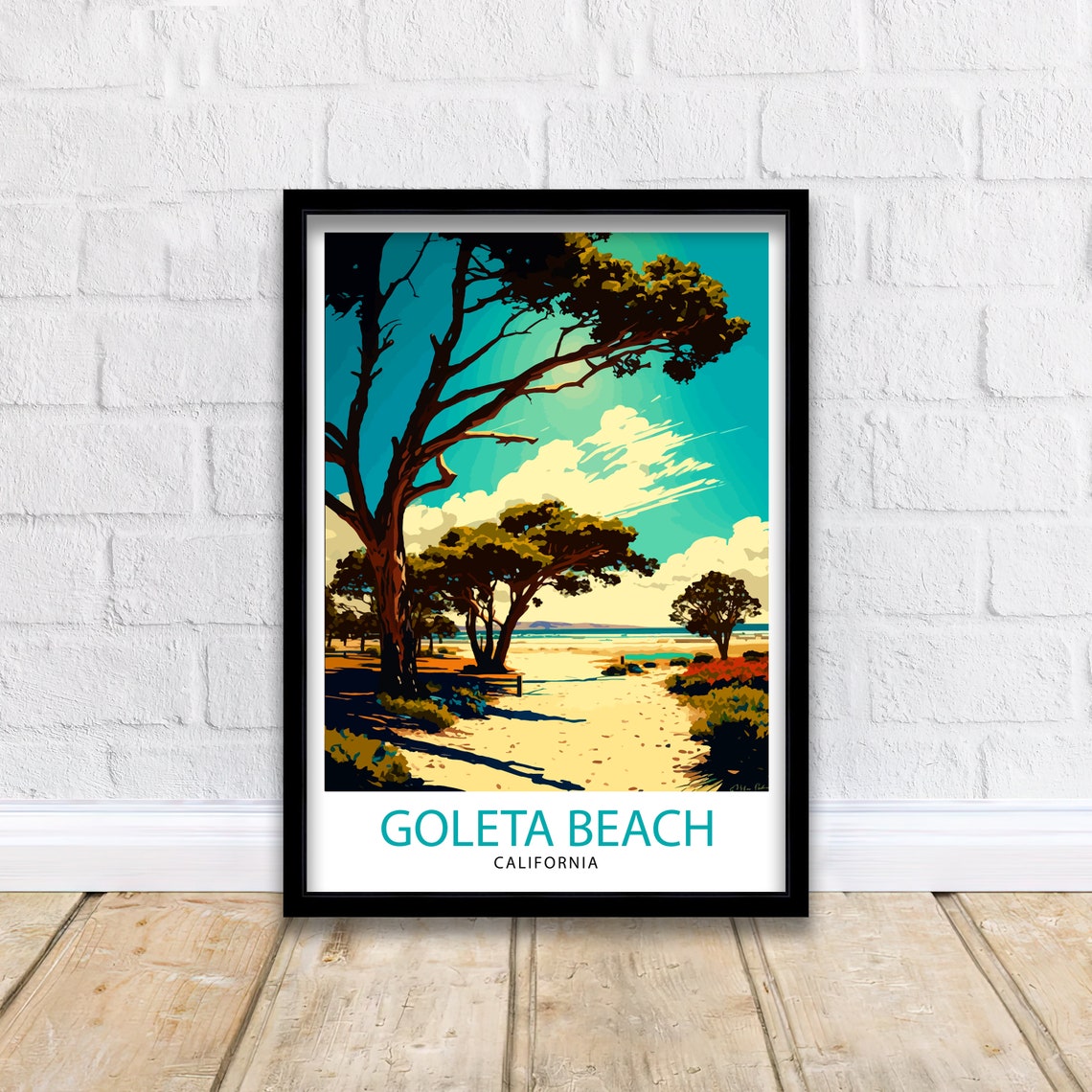 Goleta Beach California Pine Trees on Sand Vintage Travel Poster - Image 2