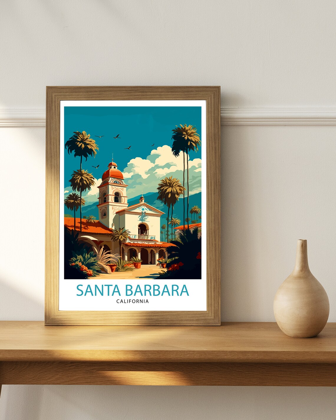 Santa Barbara California Mission Style Building Palms Poster - Image 2