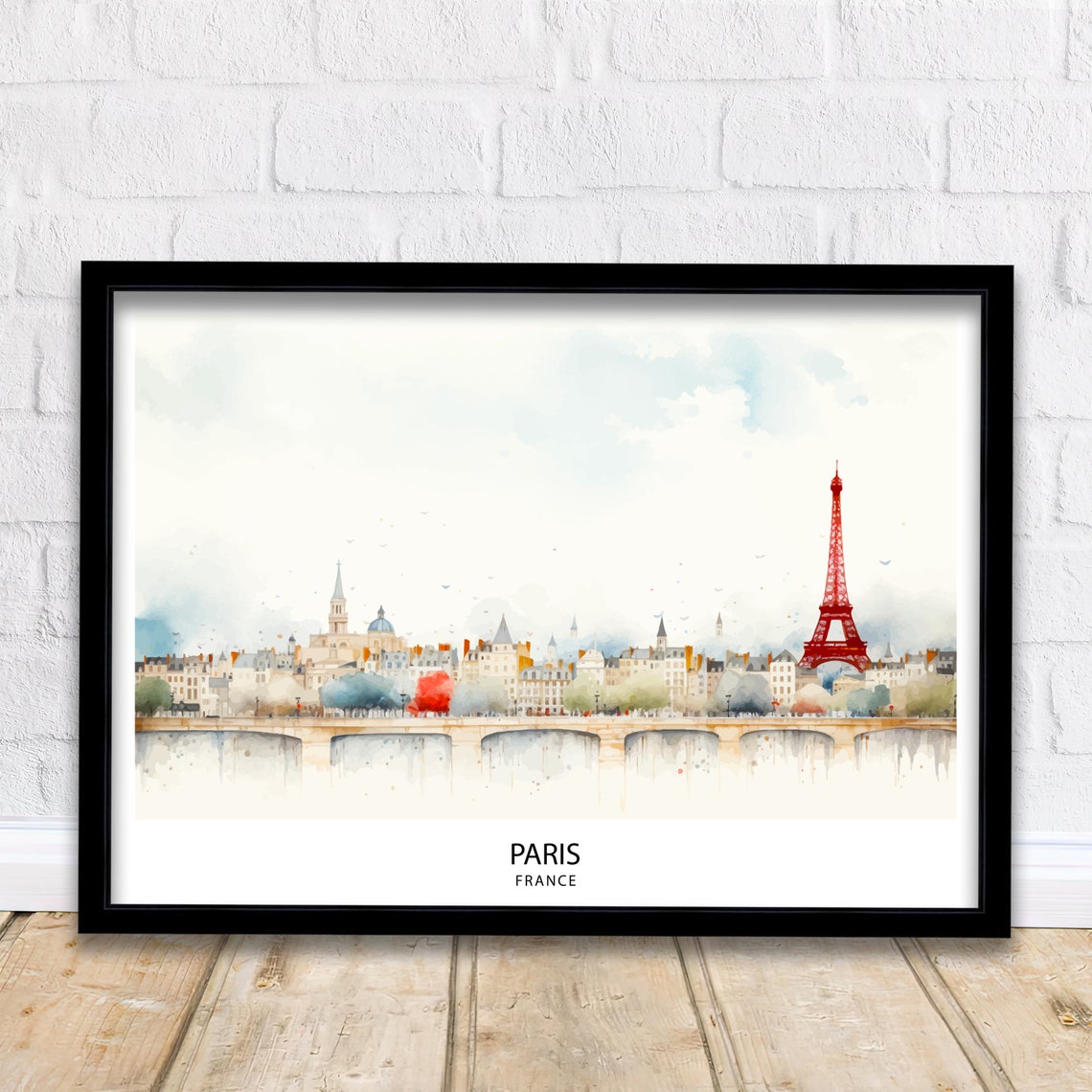 Paris France Eiffel Tower Watercolor Skyline Cityscape Travel Poster