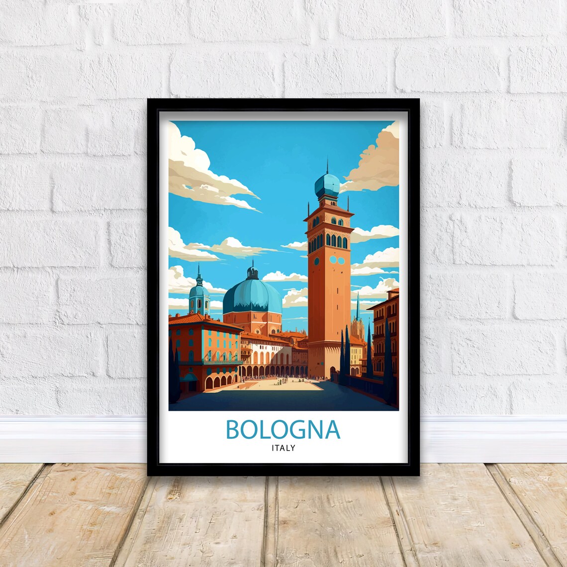 Bologna Italy Historic Sunlit Towers Piazza Cityscape Travel Poster - Image 2