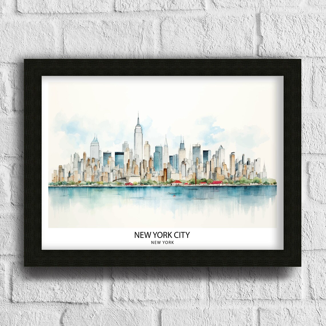 New York City Skyline Watercolor Poster With Manhattan View Art - Image 3
