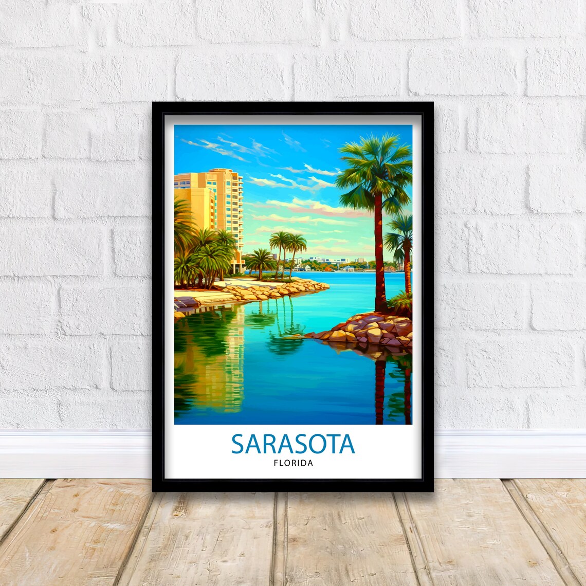 Sarasota Florida Bay Palm Trees Waterfront Towers Bright Travel Poster - Image 2
