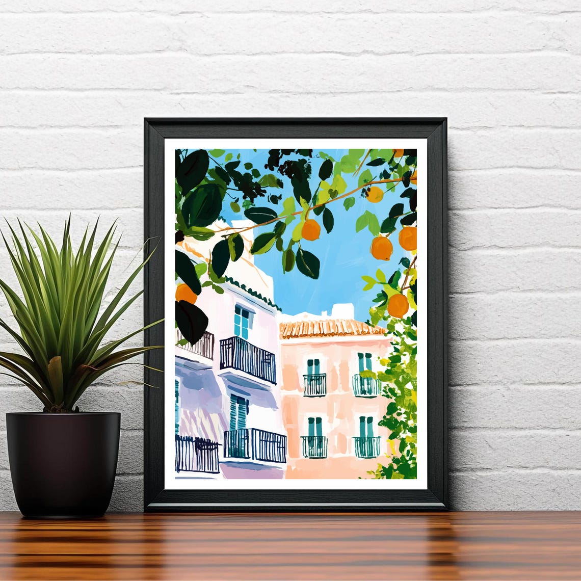 Valencia Spain Old Town Orange Tree Balconies Sunlit View Poster - Image 2