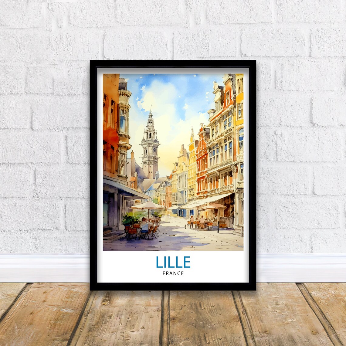 Lille France Watercolor Old Town Street Belfry Cafe Travel Poster