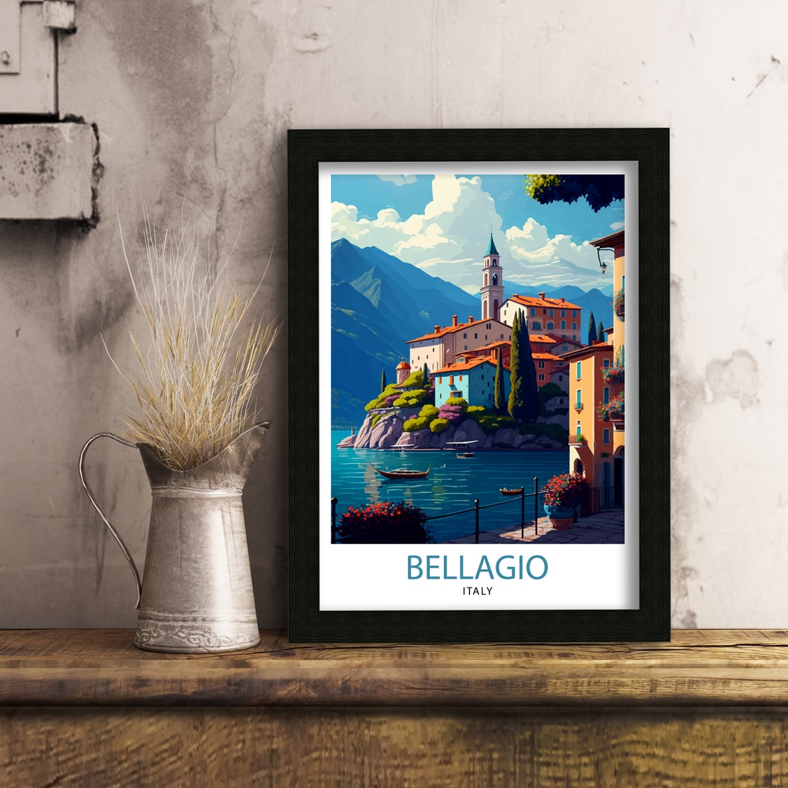 Bellagio Italy Lake Como Lakeside Town Church Tower Art Poster - Image 2