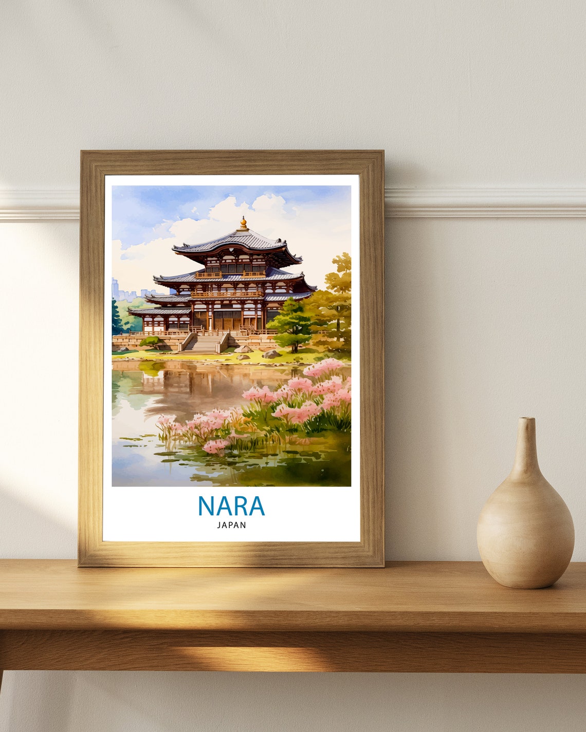 Nara Japan Temple Pagoda Cherry Blossom Lake Watercolor Poster - Image 3