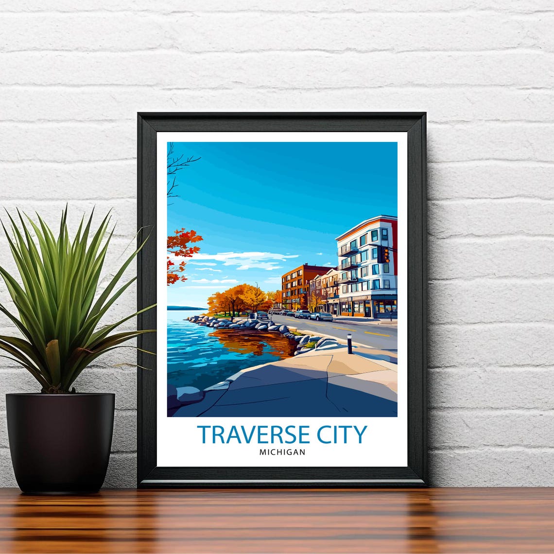 Traverse City Michigan Waterfront Fall Colors Street Travel Poster - Image 2