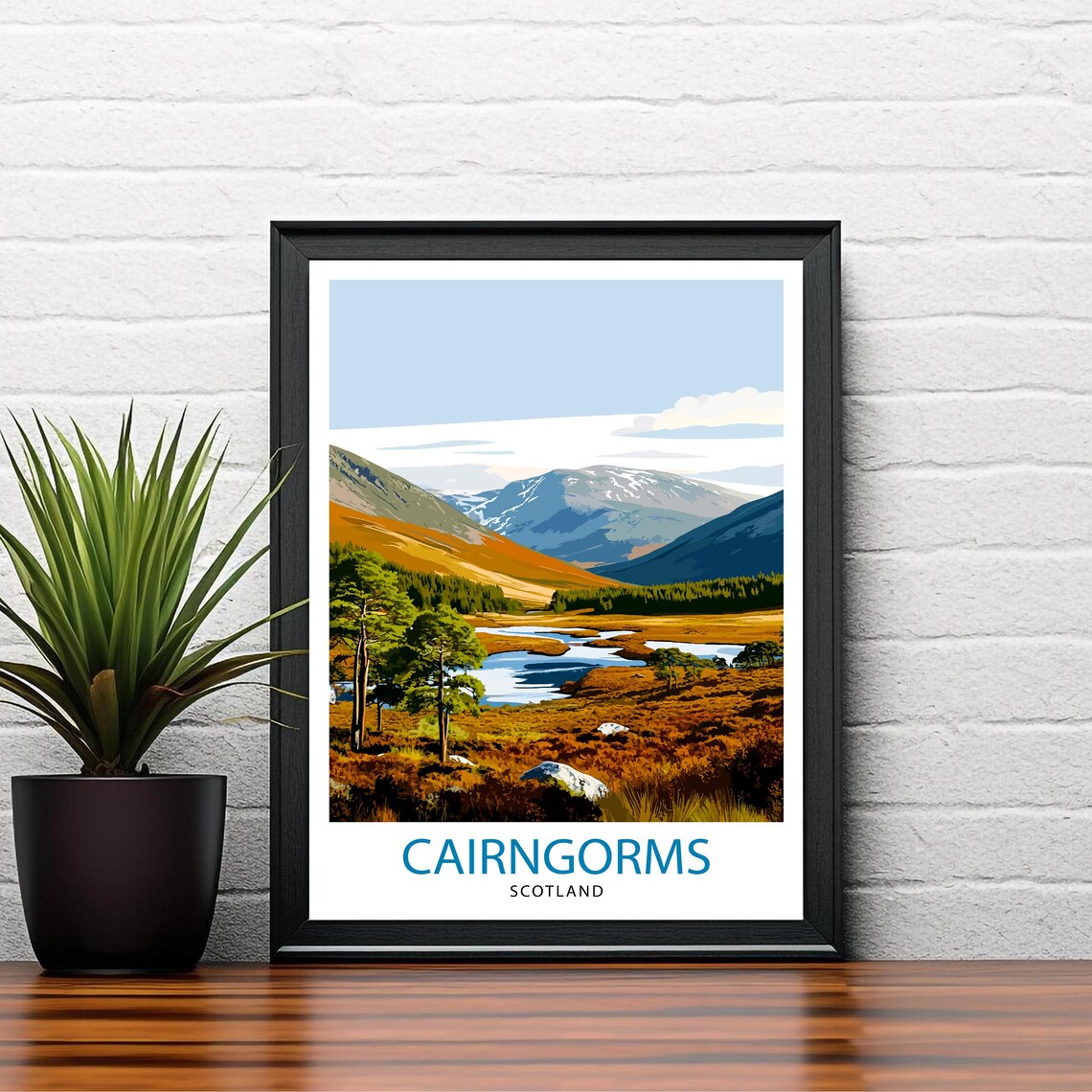 Cairngorms Scotland Golden Moorland Mountain Valley Travel Poster