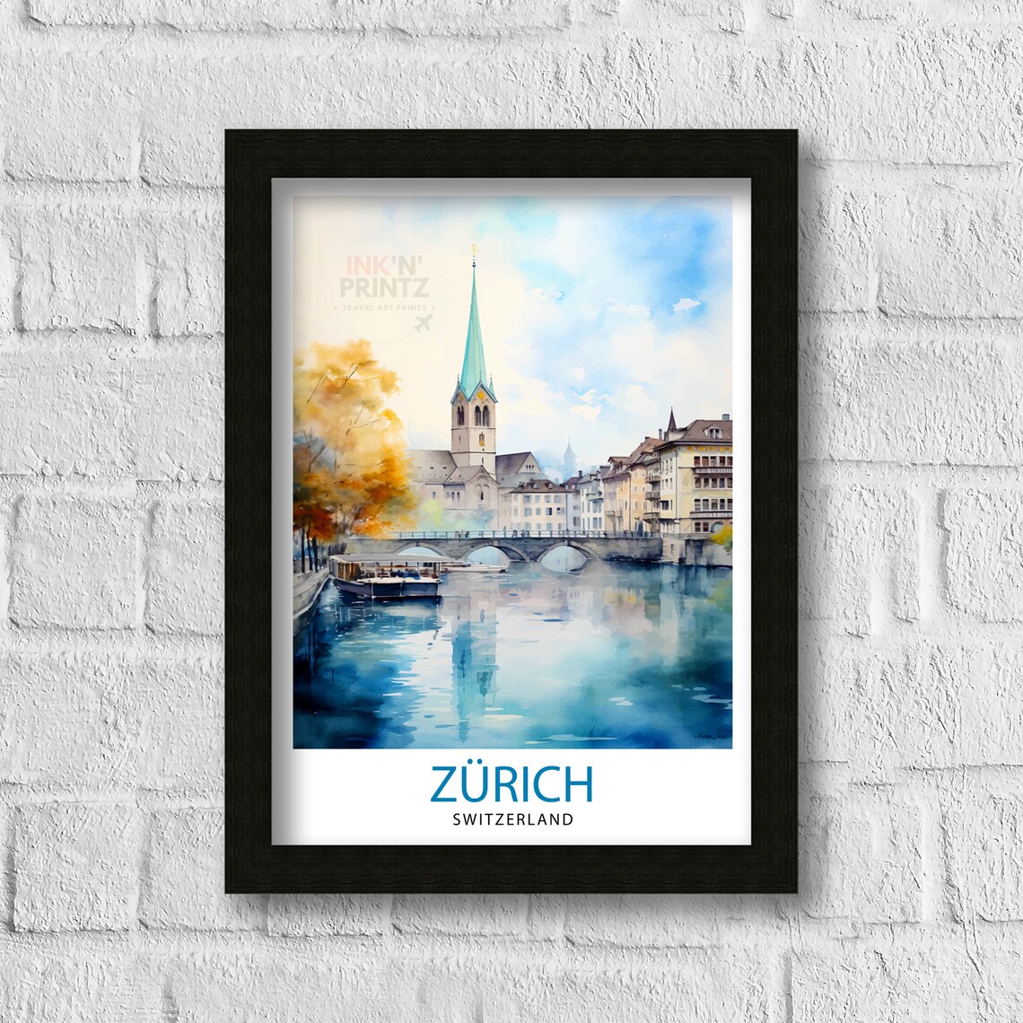 Zurich Switzerland Historic River Church Watercolor Town Poster - Image 3