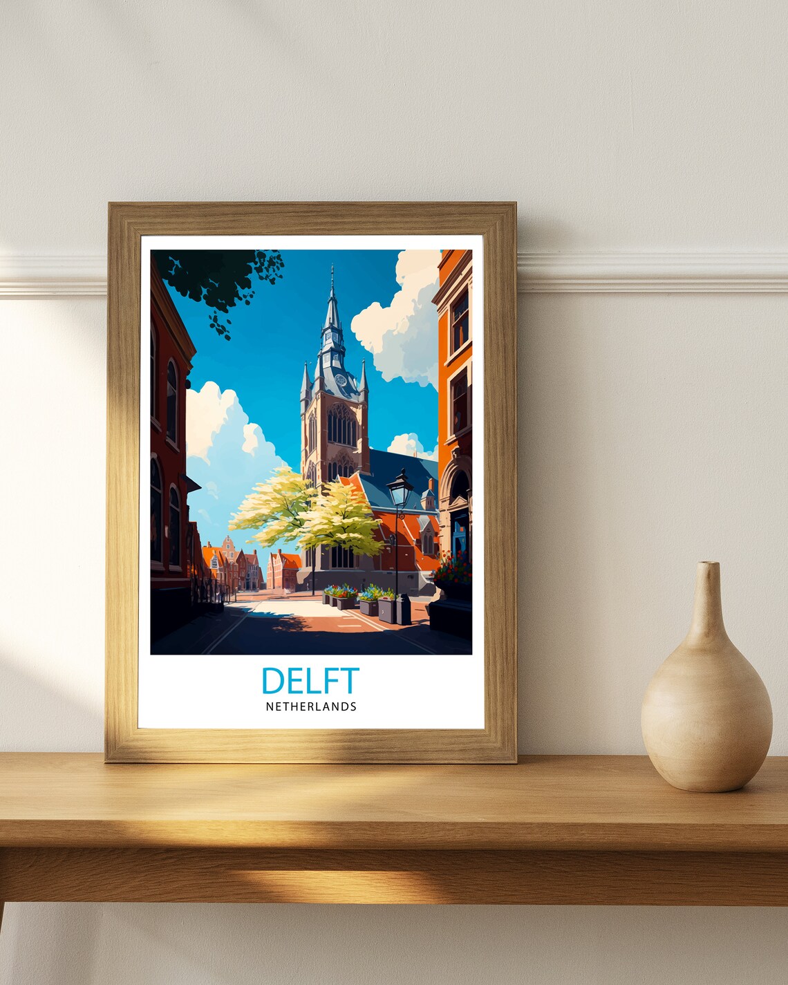 Delft Netherlands Historic Church Street Watercolor Travel Poster - Image 3