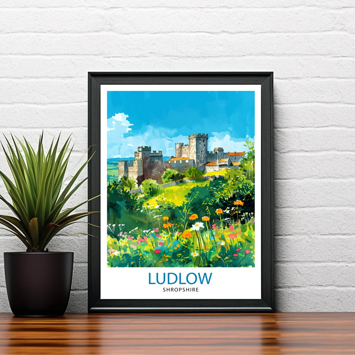 Ludlow Shropshire Castle Watercolor Wildflower Meadow Poster - Image 2