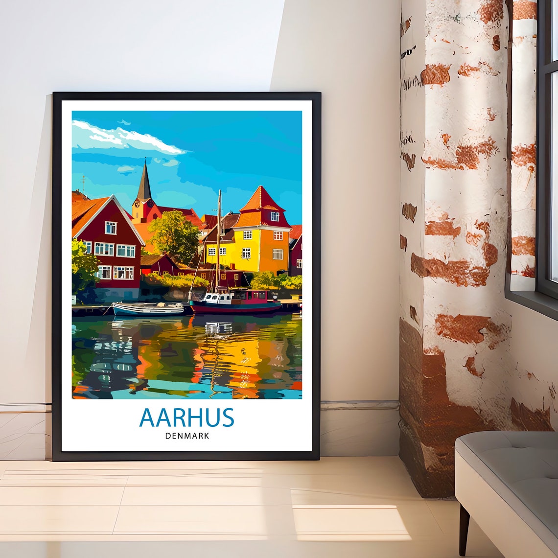 Aarhus Denmark Harbor Colorful Houses Boats Travel Beautiful Poster - Image 3