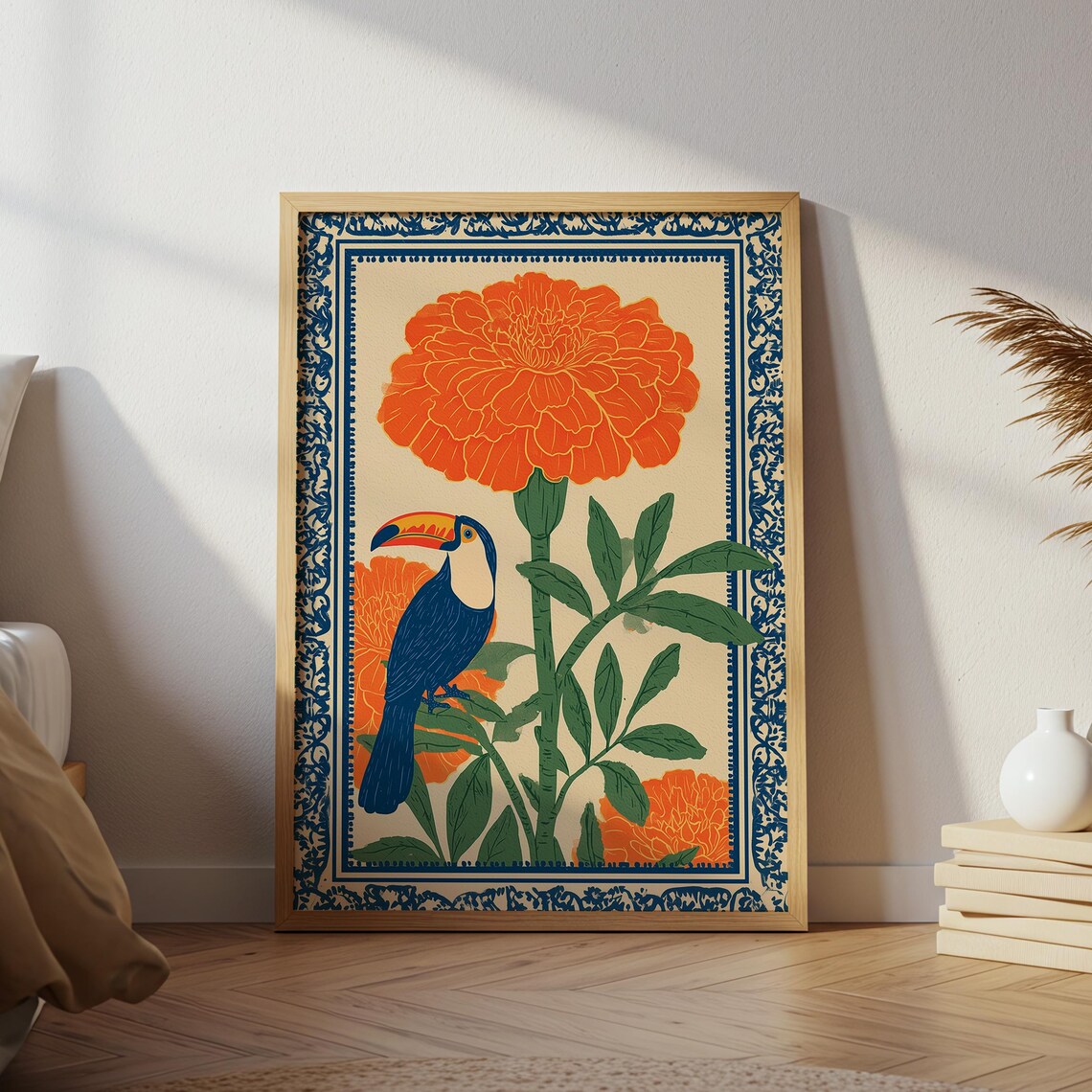 Toucan Marigold Flower Tropical Folk Art Bird Illustration Poster