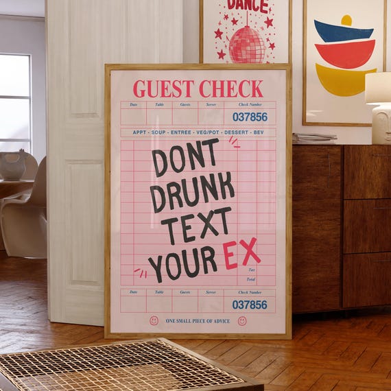 Funny Guest Check Poster Dont Drunk Text Your Ex Wall Art Retro Pink Diner Receipt Decor For Dorm Bar Or Breakup Gift