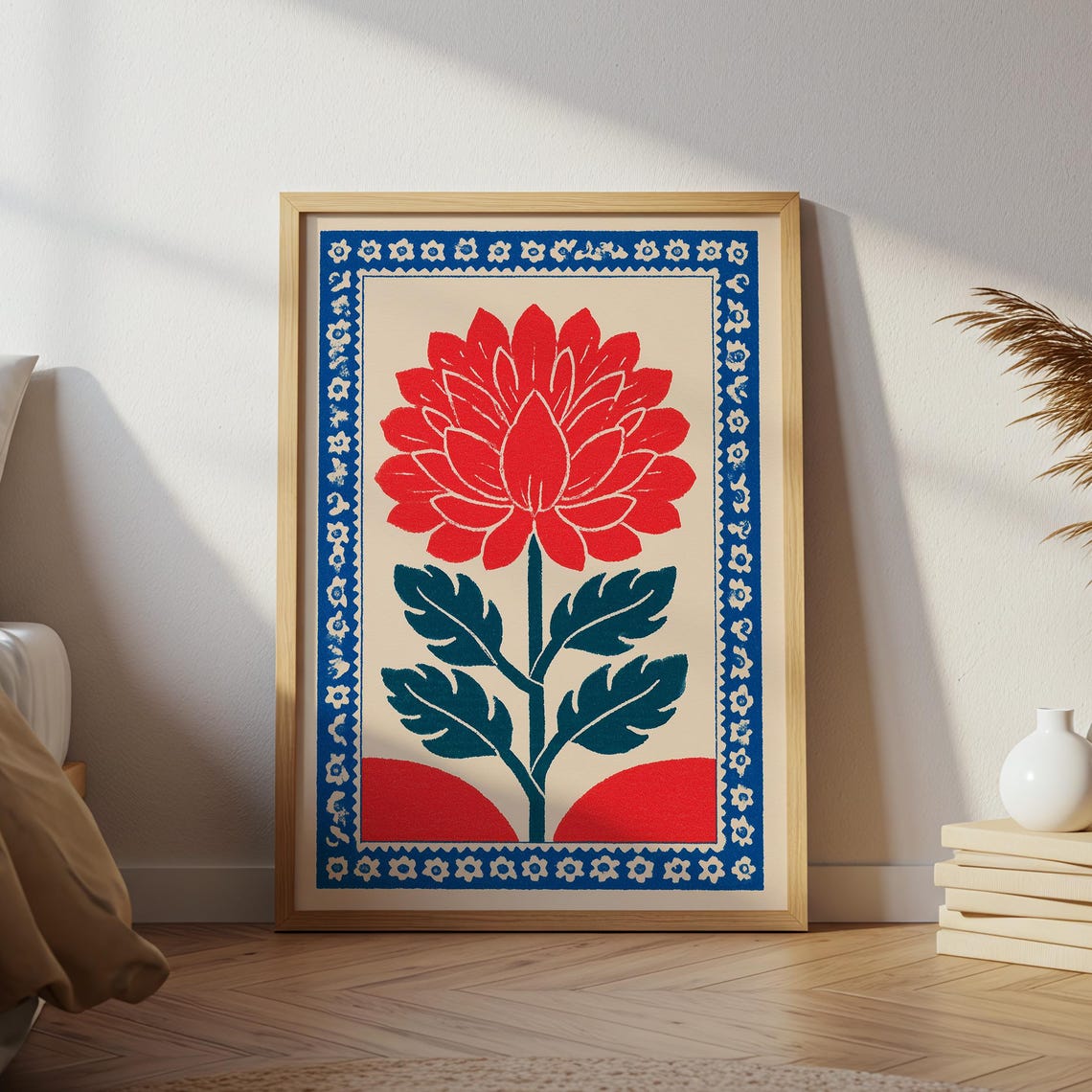 Red Dahlia Folk Art Print Scandinavian Botanical Floral Decor