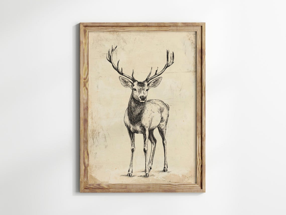Standing Stag Full Body Vintage Sketch Aged Paper Art Poster - Image 2