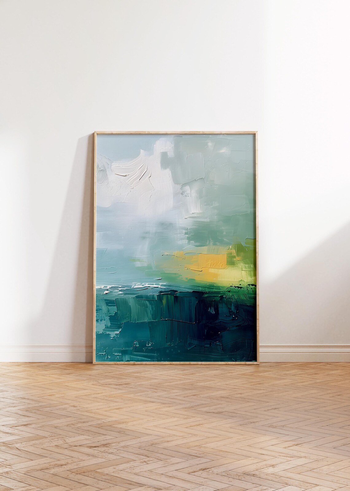 Modern Moody Teal and Gold Abstract Landscape Oil Painting Wall Art - Image 3