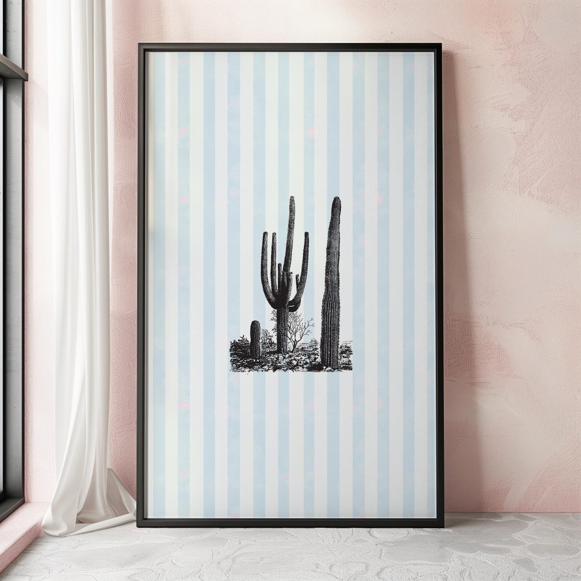 Saguaro Cactus Vintage Botanical Engraving Blue Striped Wall Art - Image 3