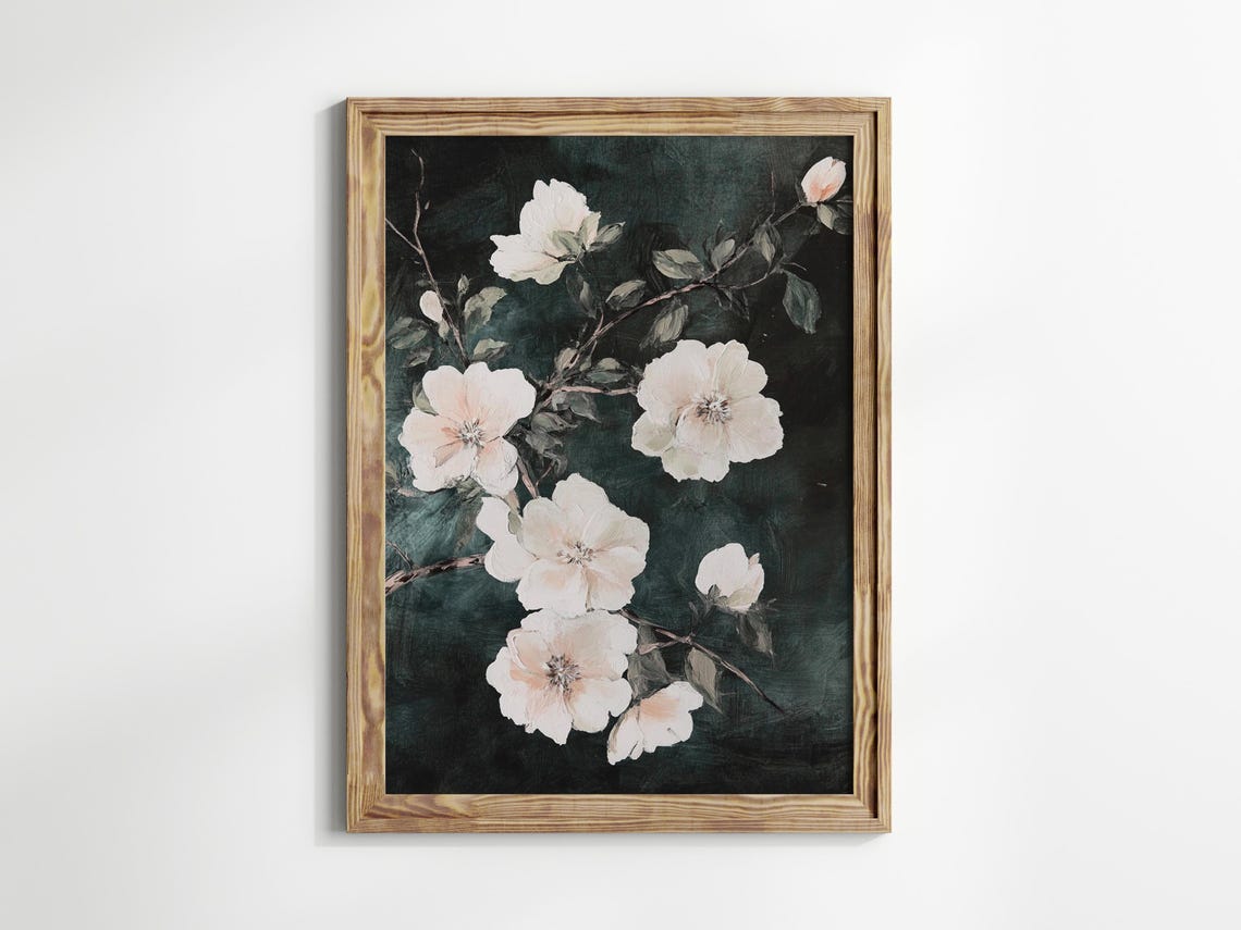 Moody White Blossoms Dark Academia Gothic Botanical Art Poster - Image 2