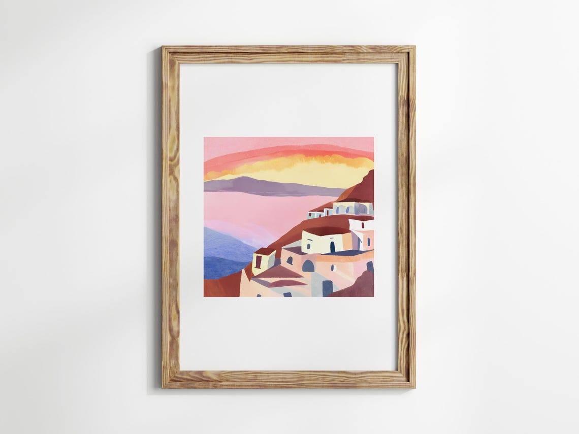 Santorini Cliff Village Pink Sunset Minimalist Square Art Print - Image 3
