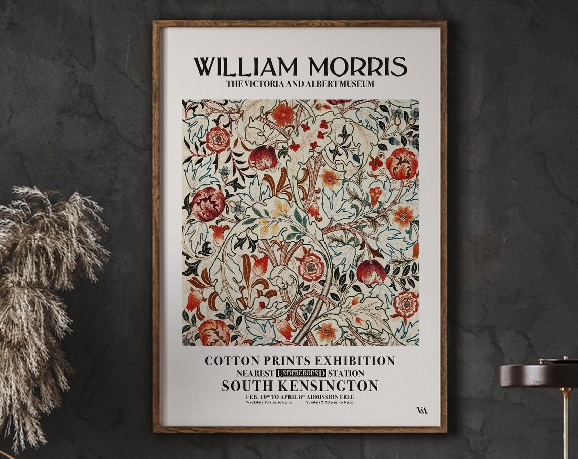 William Morris Red Rose Floral Pattern Cotton Prints Exhibition Poster